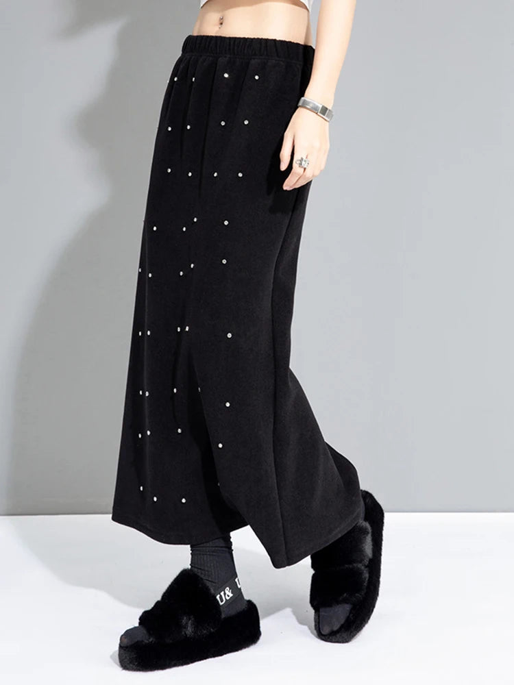 Rhinestone Studded Midi Skirt with Back Split - Elegant, Statement Piece-SimpleModerne