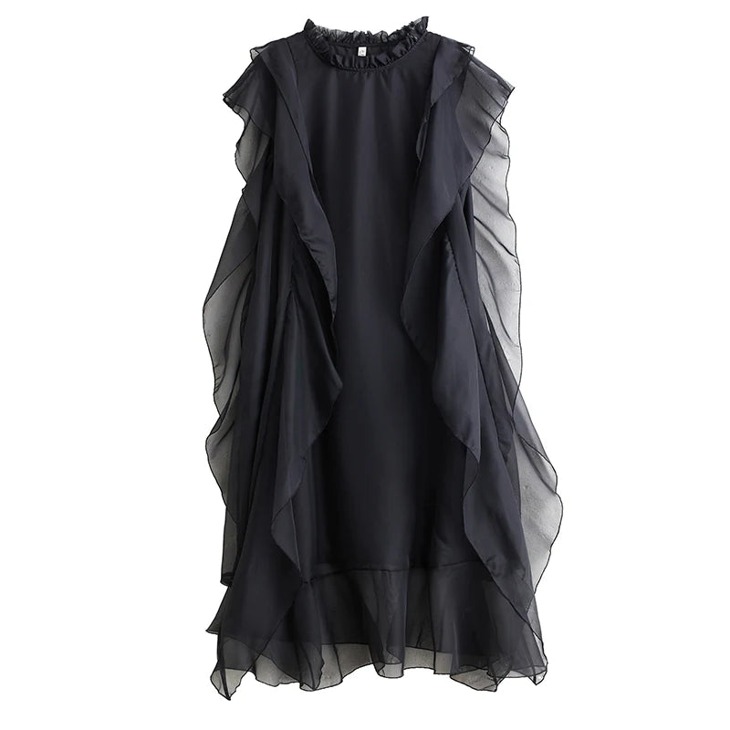 Black Flowing Sleeveless Chiffon Maxi Dress with Layered Ruffles-SimpleModerne