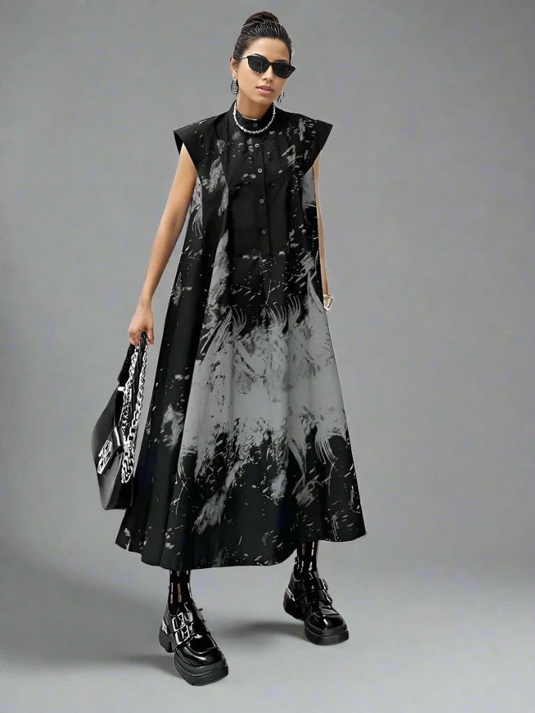 Gothic Sleeveless Tie-Dye Print Dress with Mandarin Collar-SimpleModerne