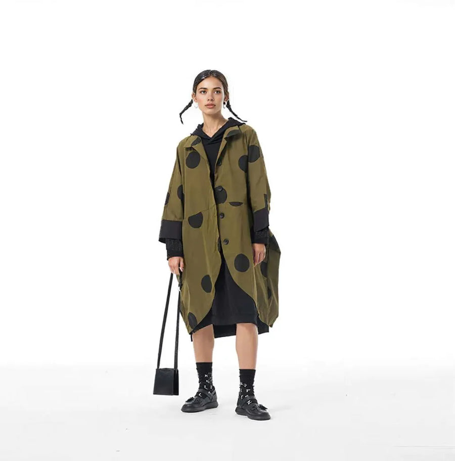 Oversized Olive Green Cocoon Polka Dot Coat with Tapered Hem and Bracelet-Length Sleeves-SimpleModerne