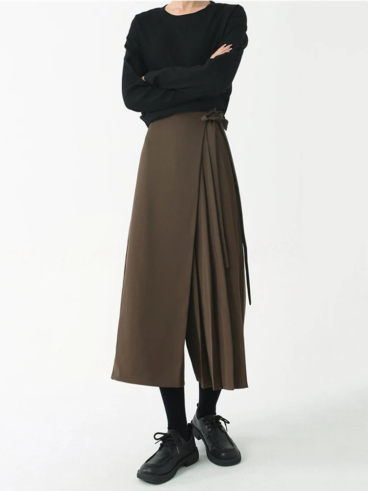 Asymmetrical Skirt-Pant Hybrid with Pleated Overlay - Coffee Brown-SimpleModerne