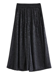 lack Jacquard Wide-Leg Ankle-Length Pants with Elastic Waist - Gothic Floral Pattern-SimpleModerne