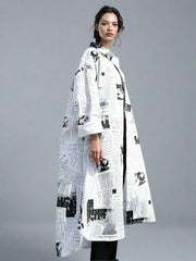 Newspaper Print Maxi Shirt Dress - Button-Up Oversized Longline Blouse with Collar-SimpleModerne