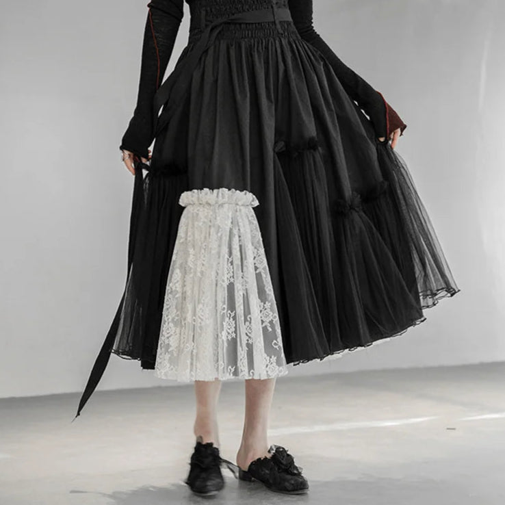 Casual Minimal Goth Layered Lace & Tulle Skirt-SimpleModerne