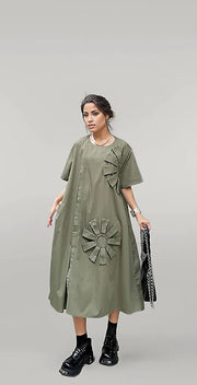 Mid-Length Dress with 3D Flower Decoration - Black & Olive-SimpleModerne