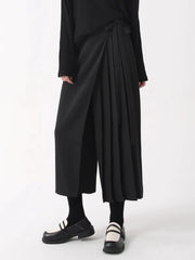 Black Skirt-Pant Hybrid with Pleated Overlay – Edgy and Unique Design for Modern Styles-SimpleModerne