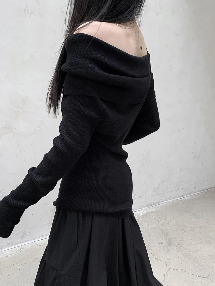 Casual Minimal Goth Bardot Style Knitted Pullover-SimpleModerne