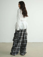 High-Waisted Plaid Trousers with Chic Drawstring Details-SimpleModerne