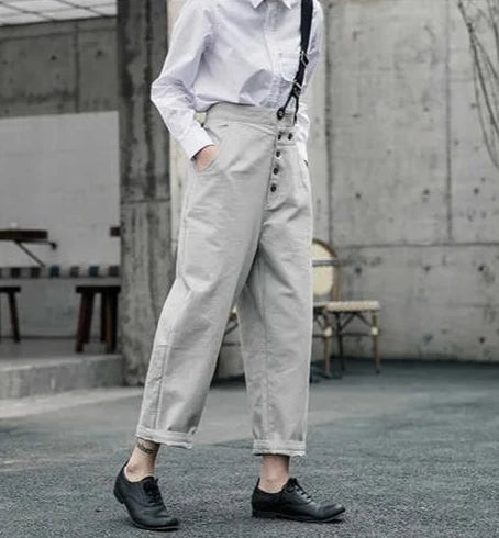 Casual Minimal Goth Denim Trousers With Shoulder Strap-SimpleModerne