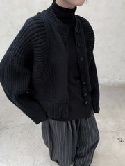 Oversized Knit Cardigan with Contrasting Patterns-SimpleModerne