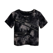 Edgy Tie-Dye Crop T-Shirt with Zipper Decoration-SimpleModerne