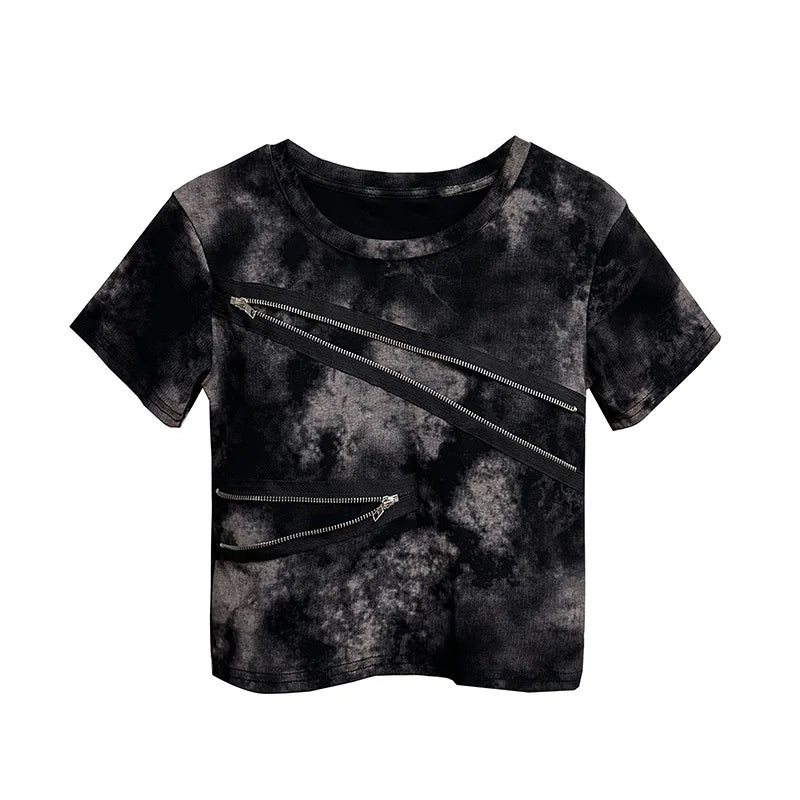 Edgy Tie-Dye Crop T-Shirt with Zipper Decoration-SimpleModerne