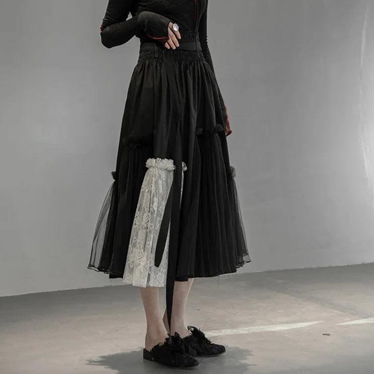 Casual Minimal Goth Layered Lace & Tulle Skirt-SimpleModerne