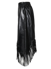 Vegan Leather Asymmetrical Skirt with Fringe Details-SimpleModerne