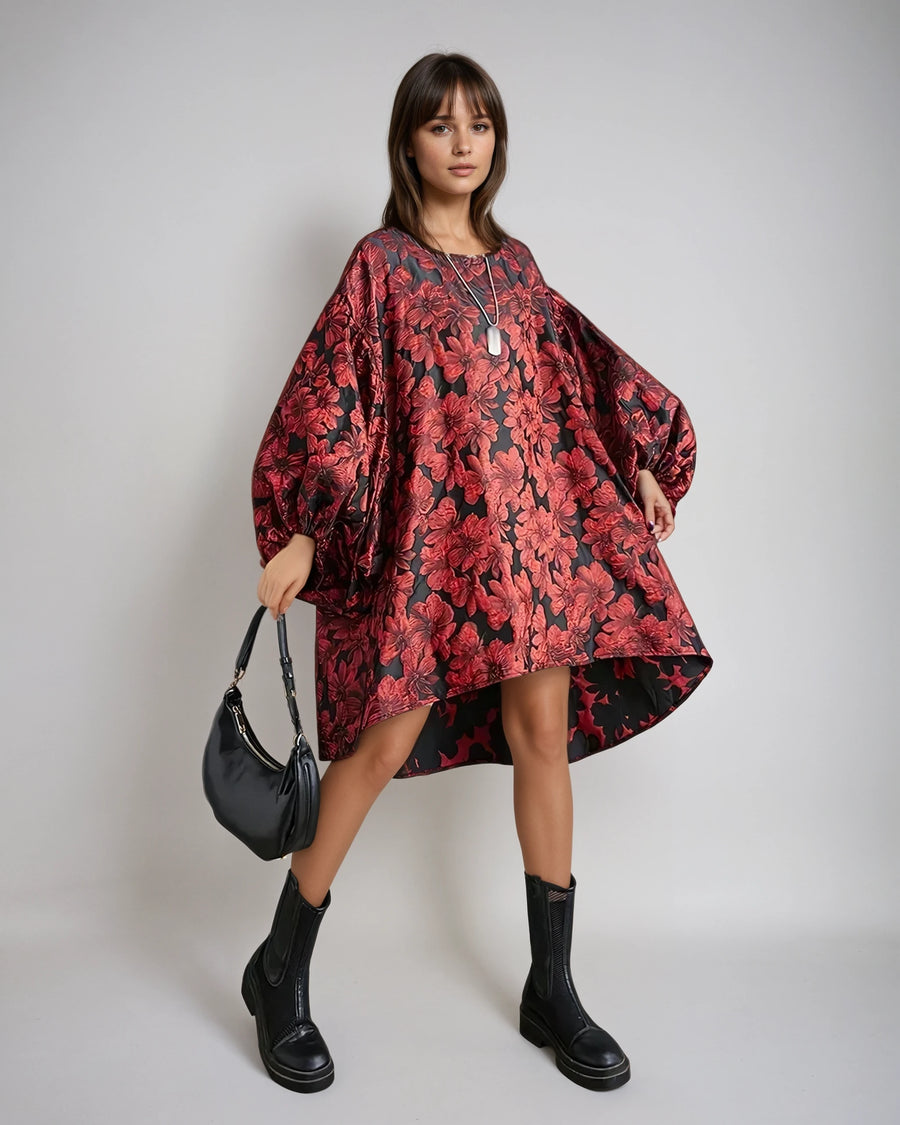 Red Floral Lantern Sleeve Asymmetrical Winter Dress – High-Low Pullover Style-SimpleModerne