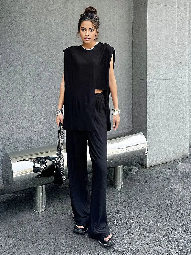 Black Pleated Two-Piece Set: Asymmetrical Top and Wide-Leg Pants-SimpleModerne