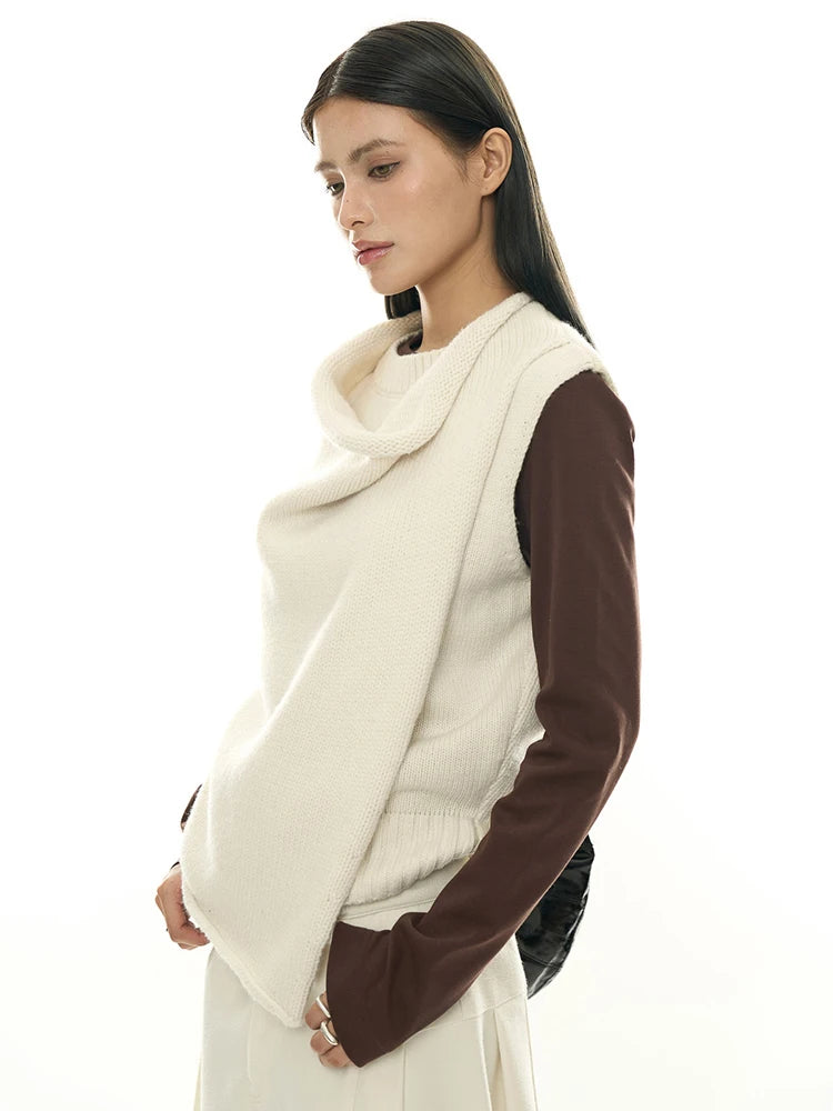 Layered Sleeveless Sweater with Draped Neckline - Cream White & Black-SimpleModerne