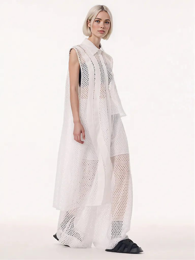 White Net Sleeveless Blouse - Sheer Layered Elegance-SimpleModerne