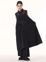 Edgy Sleeveless Shirt Dress with Chiffon Inserts and Button Closure-SimpleModerne