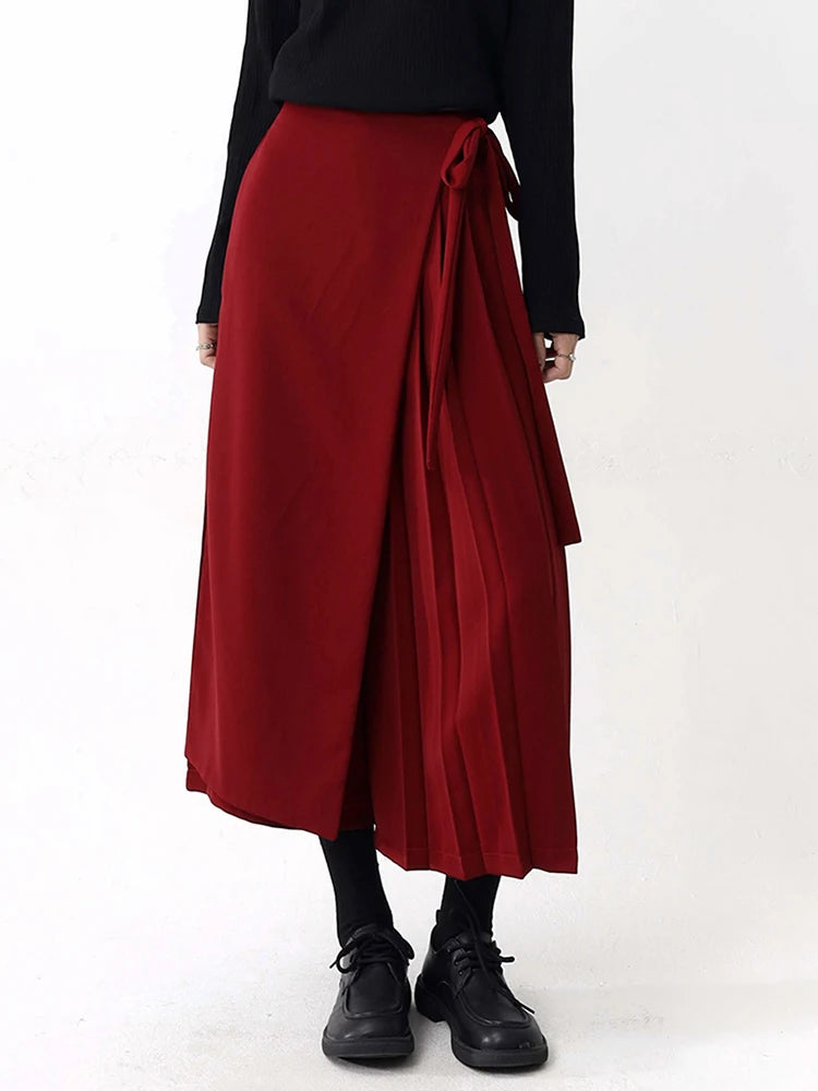 Asymmetrical Overlay Pleated Trousers – Red-SimpleModerne