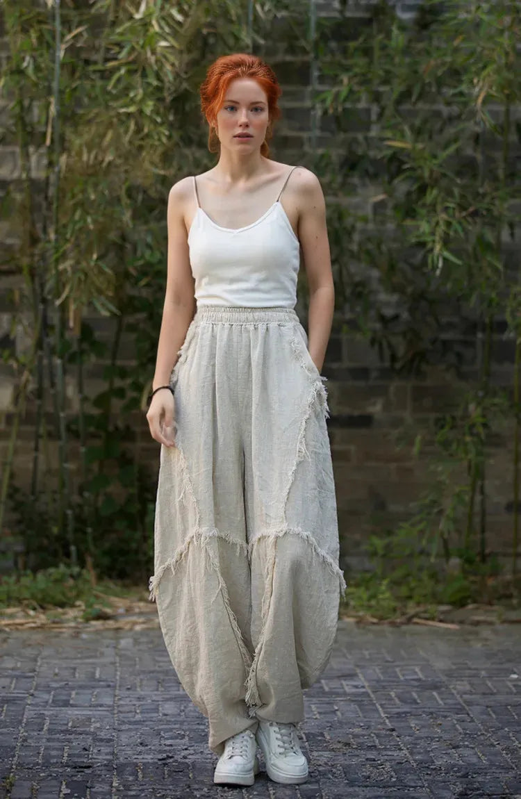 Vintage Linen Patchwork Harem Pants - Boho Chic Trousers-SimpleModerne