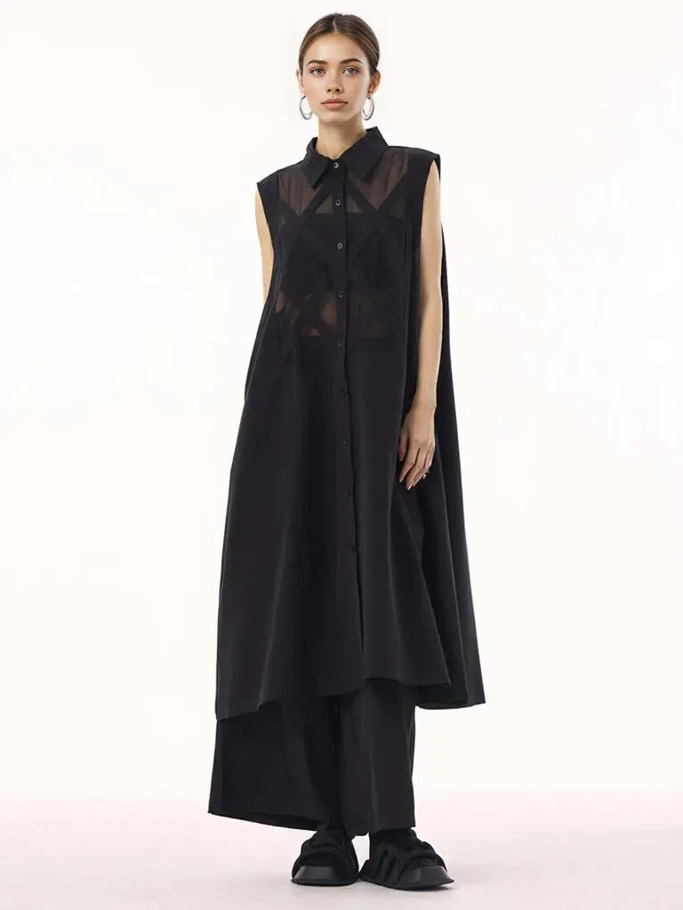 Edgy Sleeveless Shirt Dress with Chiffon Inserts and Button Closure-SimpleModerne