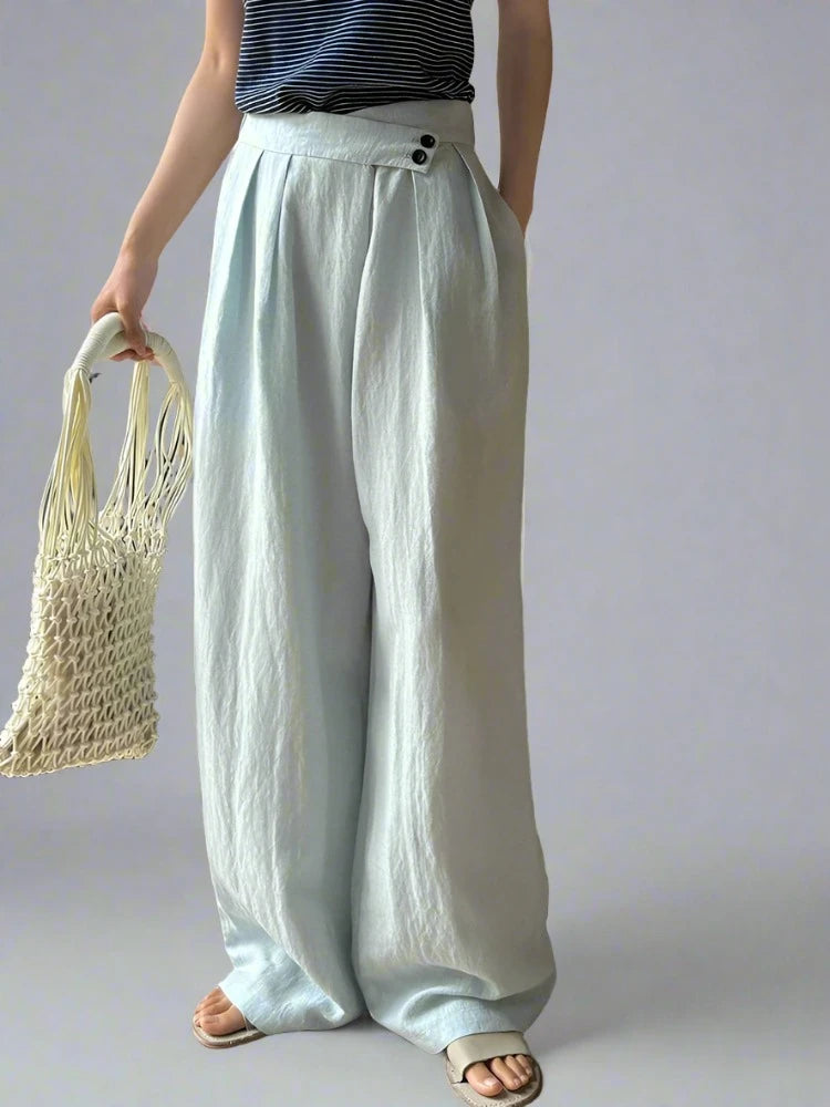 Elegant Pastel Blue Wide-Leg Linen Trousers with Asymmetrical Waist-SimpleModerne