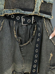 Punk Patchwork Denim Harem Pants – Distressed Layered Jeans with Edgy Overlay Design-SimpleModerne