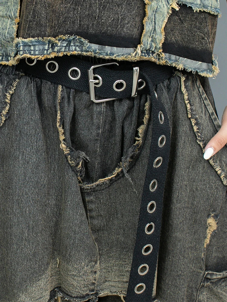 Punk Patchwork Denim Harem Pants – Distressed Layered Jeans with Edgy Overlay Design-SimpleModerne