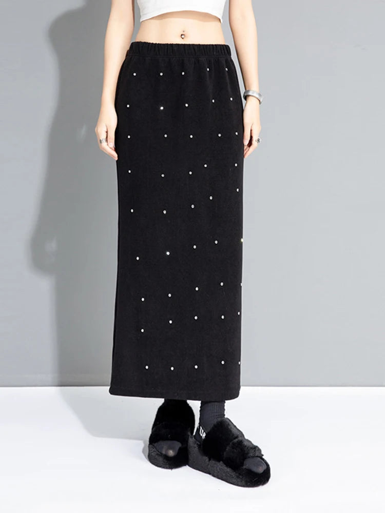 Rhinestone Studded Midi Skirt with Back Split - Elegant, Statement Piece-SimpleModerne