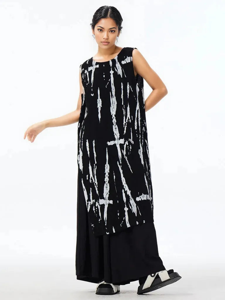 Elegant Sleeveless Asymmetrical Maxi Shirt - Black-SimpleModerne