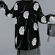 Knitted Pullover with Artistic Flower Pattern – Black & Cream Beige