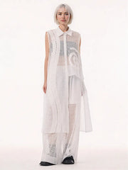 White Net Sleeveless Blouse - Sheer Layered Elegance-SimpleModerne