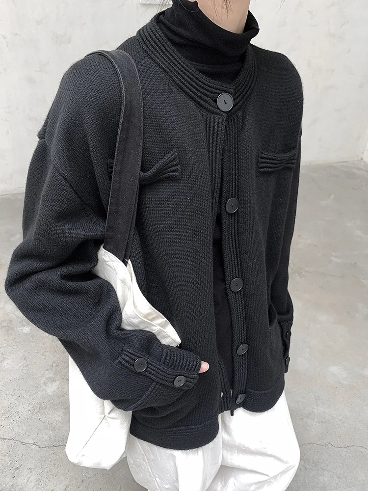 Black Knit Button-Down Cardigan with O-Neck Collar-SimpleModerne