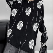 Knitted Pullover with Artistic Flower Pattern – Black & Cream Beige-SimpleModerne