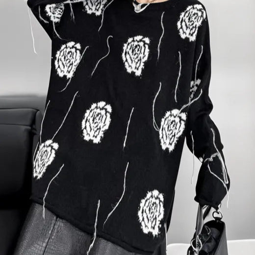 Knitted Pullover with Artistic Flower Pattern – Black & Cream Beige