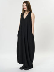 Maxi Potato Bag Dress with Deep V-Neckline - Black-SimpleModerne