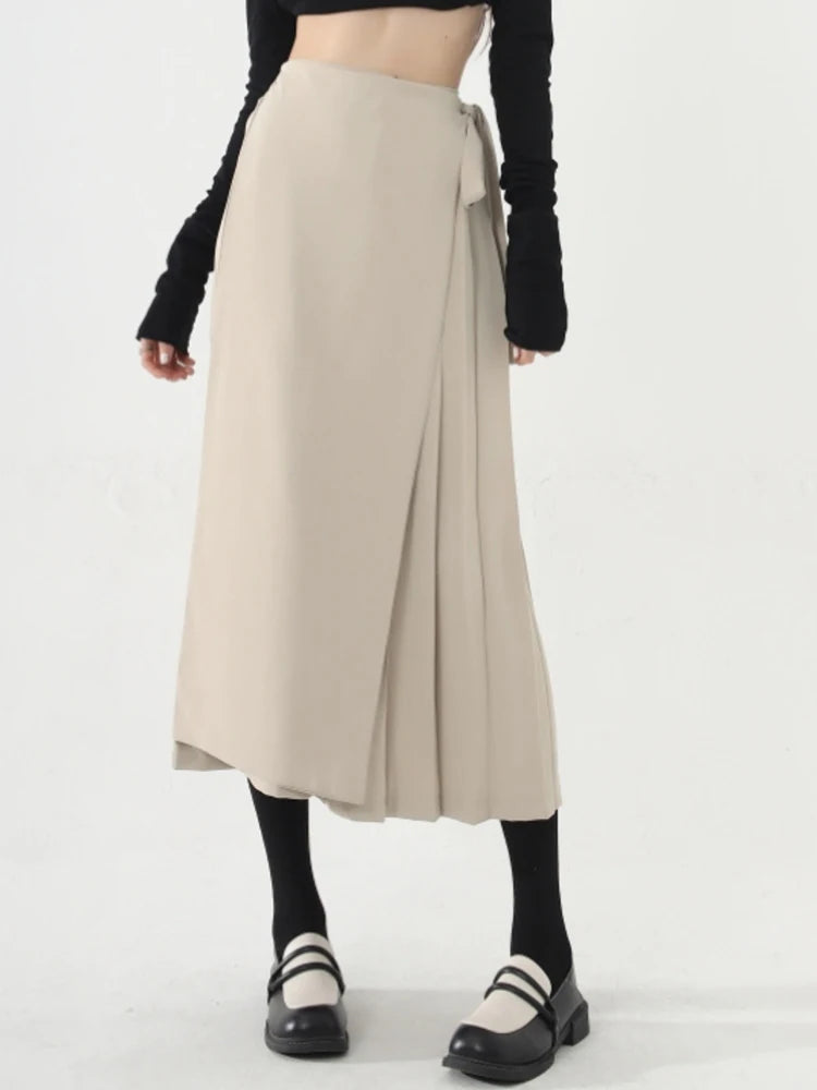 Apricot Beige Skirt-Pant Hybrid with Pleated Overlay – Sophisticated and Unique Mid-Calf Design-SimpleModerne