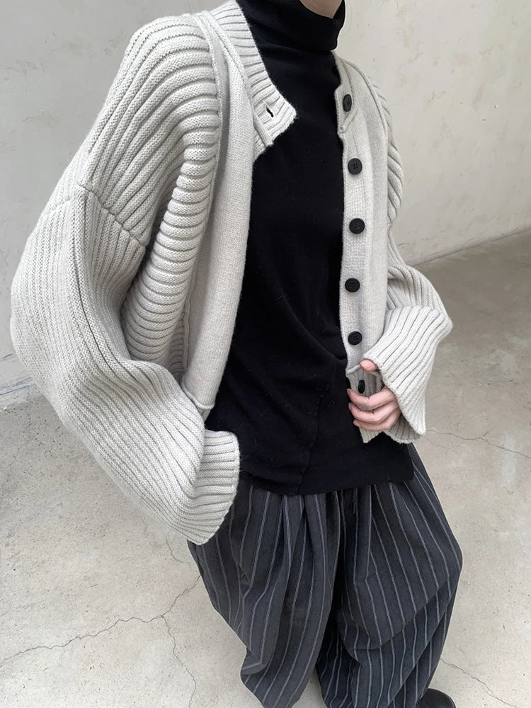 Oversized Knit Cardigan with Contrasting Patterns-SimpleModerne