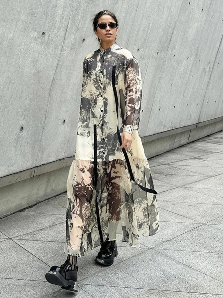Chic Abstract Print Maxi Shirt Dress with Long Sleeves-SimpleModerne