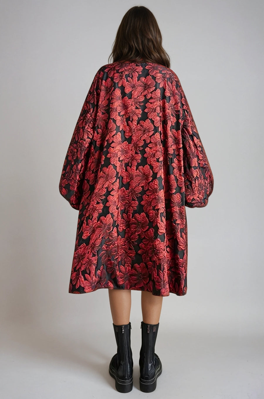 Red Floral Lantern Sleeve Asymmetrical Winter Dress – High-Low Pullover Style-SimpleModerne