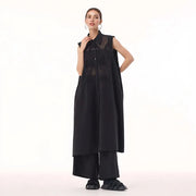 Edgy Sleeveless Shirt Dress with Chiffon Inserts and Button Closure-SimpleModerne