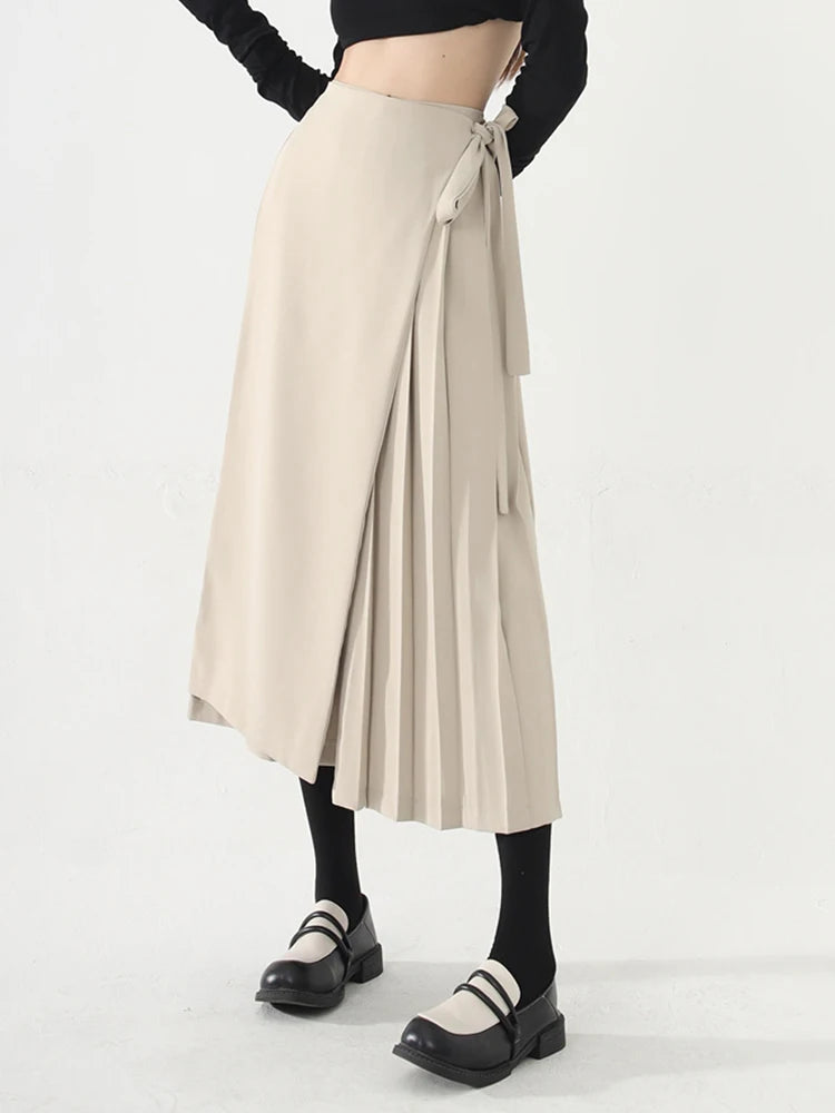 Apricot Beige Skirt-Pant Hybrid with Pleated Overlay – Sophisticated and Unique Mid-Calf Design-SimpleModerne