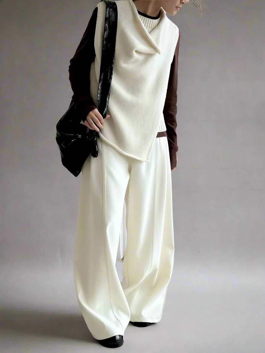 Layered Sleeveless Sweater with Draped Neckline - Cream White & Black-SimpleModerne