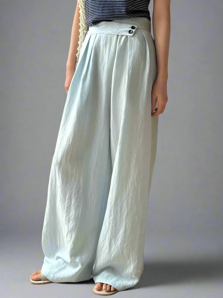 Elegant Pastel Blue Wide-Leg Linen Trousers with Asymmetrical Waist-SimpleModerne