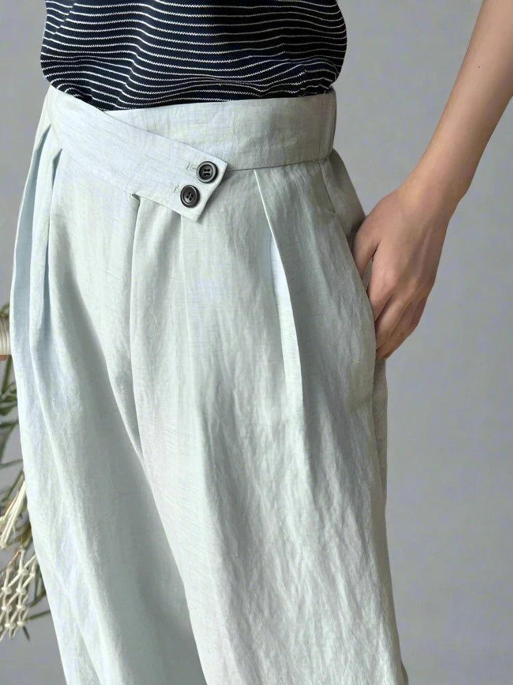 Elegant Pastel Blue Wide-Leg Linen Trousers with Asymmetrical Waist-SimpleModerne