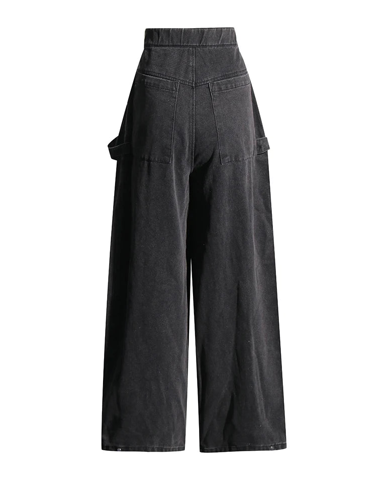 Maxi Pocket Dark Grey Wide-Leg Jeans with Vintage Zipper-SimpleModerne