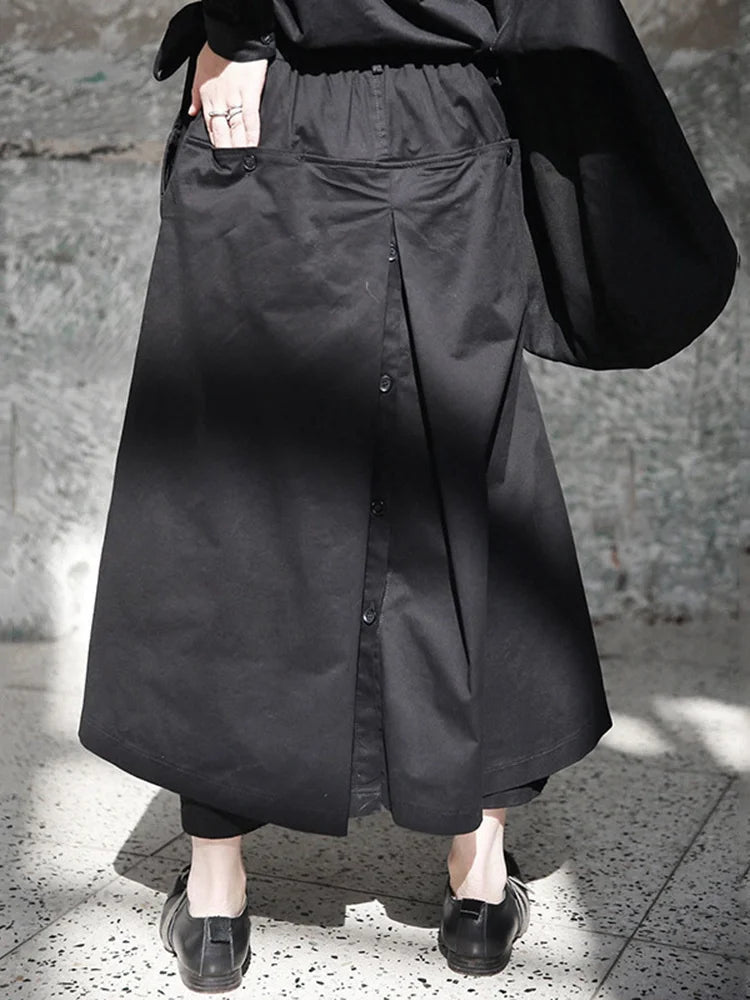 Heavy Cotton Layered Trousers with Wrap Skirt Overlay – Minimal Goth Utility Pants-SimpleModerne