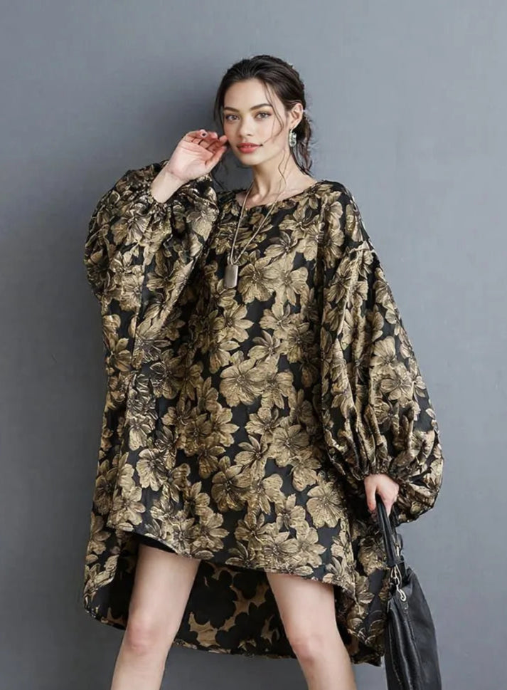 Baroque Floral Brocade Mini Dress with Dramatic Puffed Sleeves-SimpleModerne