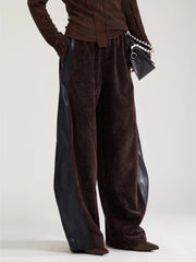 Vegan Leather Patchwork Relaxed Trousers - Coffee Brown & Black-SimpleModerne